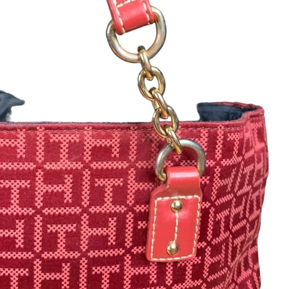 Tommy Hilfiger Tote Bag Red Logo Fabric Leather Trim Goldtone Hardware Chain - Picture 3 of 15